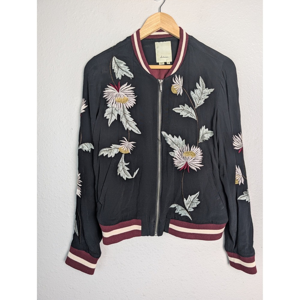 Elevenses Anthropologie Floral Embroidered Bomber Jacket Black Burgundy XS